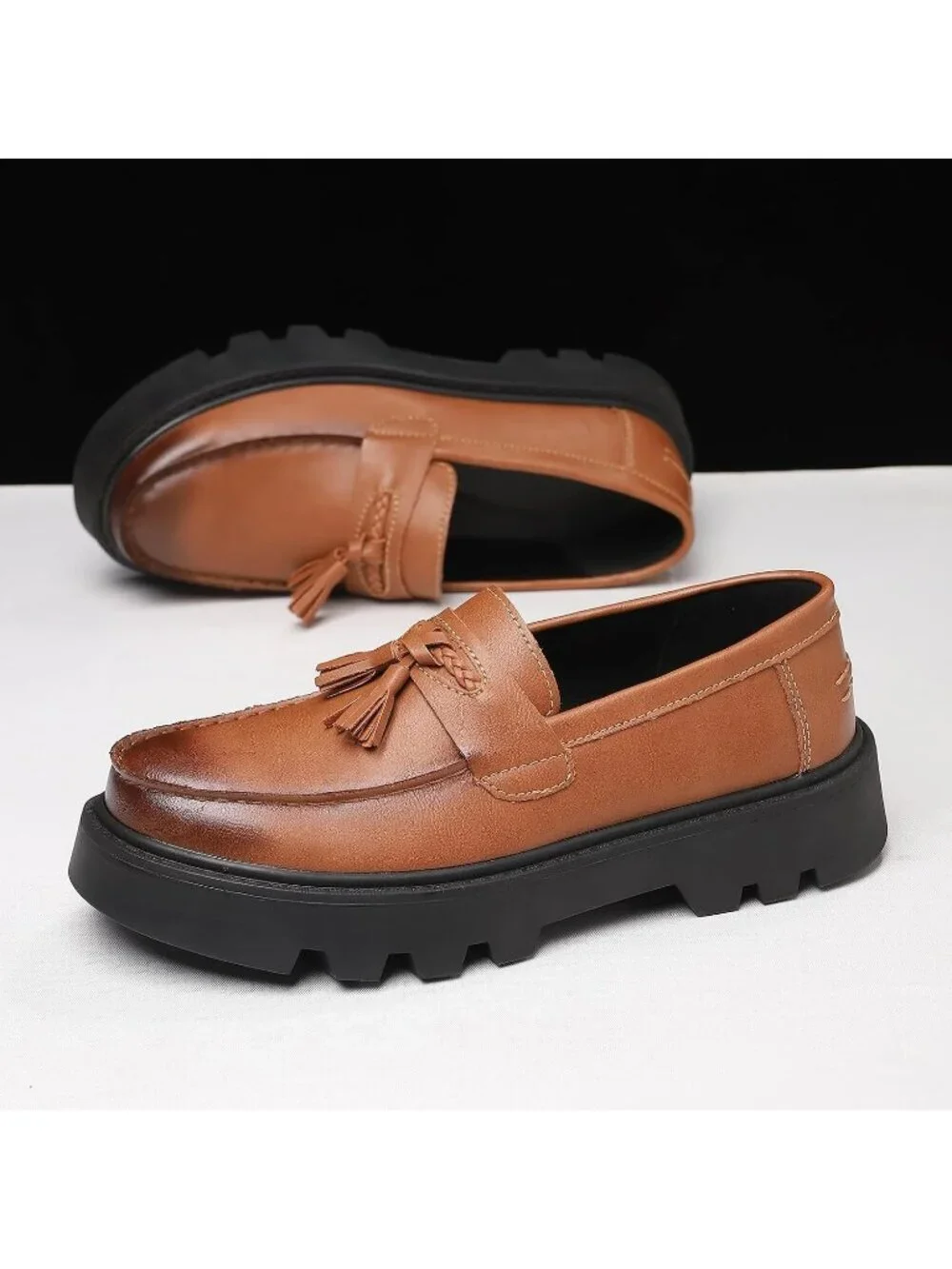 Men's Light Brown Patent Leather Loafers Chunky Heel Tassel Slip On Dress Shoes